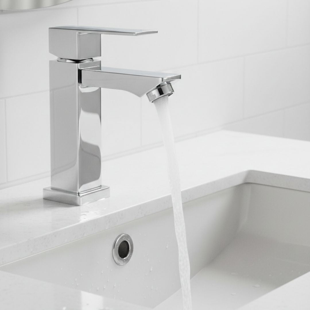 Torneira Banheiro Luxo Quadrada 1/4 Volta Inox Aço Prata Bancada Pia Banheiro Alto Padrão Homefy.casa