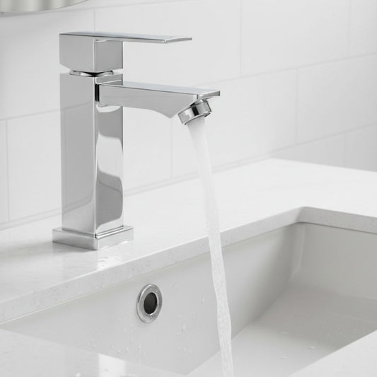 Torneira Banheiro Luxo Quadrada 1/4 Volta Inox Aço Prata Bancada Pia Banheiro Alto Padrão Homefy.casa