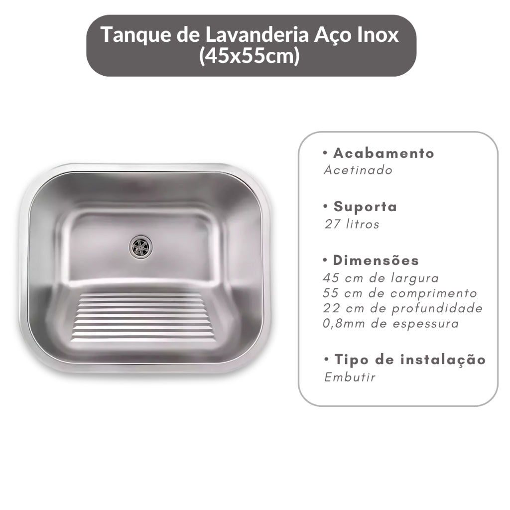 Tanque Lavanderia 55x45 Com Válvula Aço Inox 201 HOMEFY®