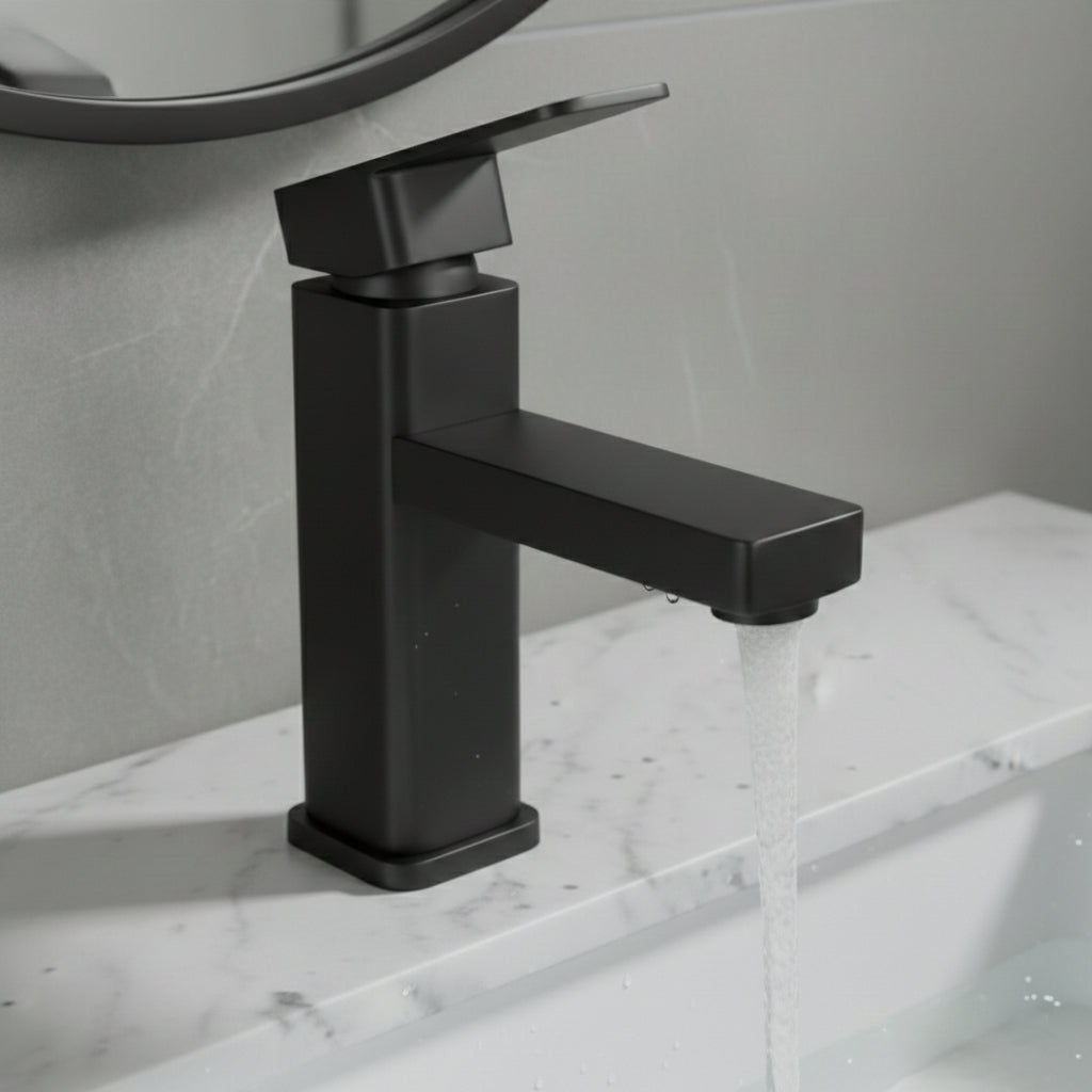 Torneira Banheiro Luxo Quadrada 1/4 Volta Inox Aço Preta Bancada Pia Banheiro Alto Padrão Homefy.casa