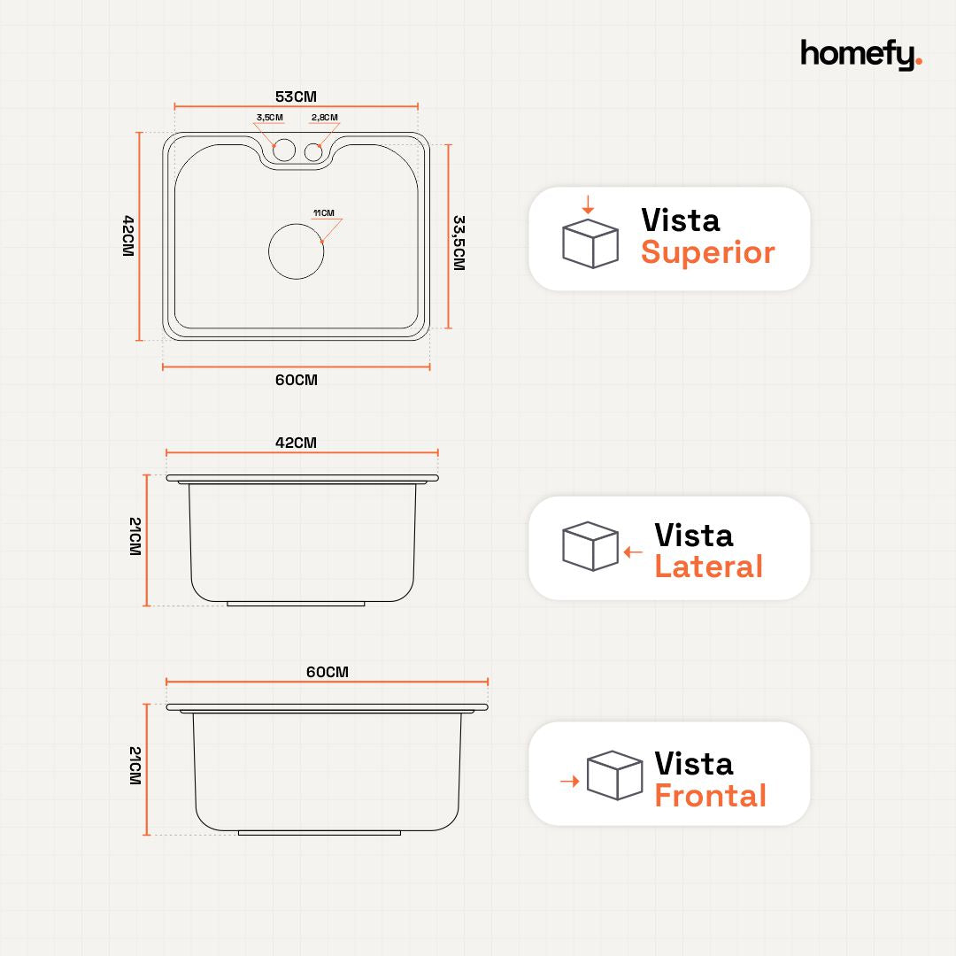 Cuba Pia Cozinha Gourmet Aço Inox 60x42cm Homefy + Acessórios Homefy.casa