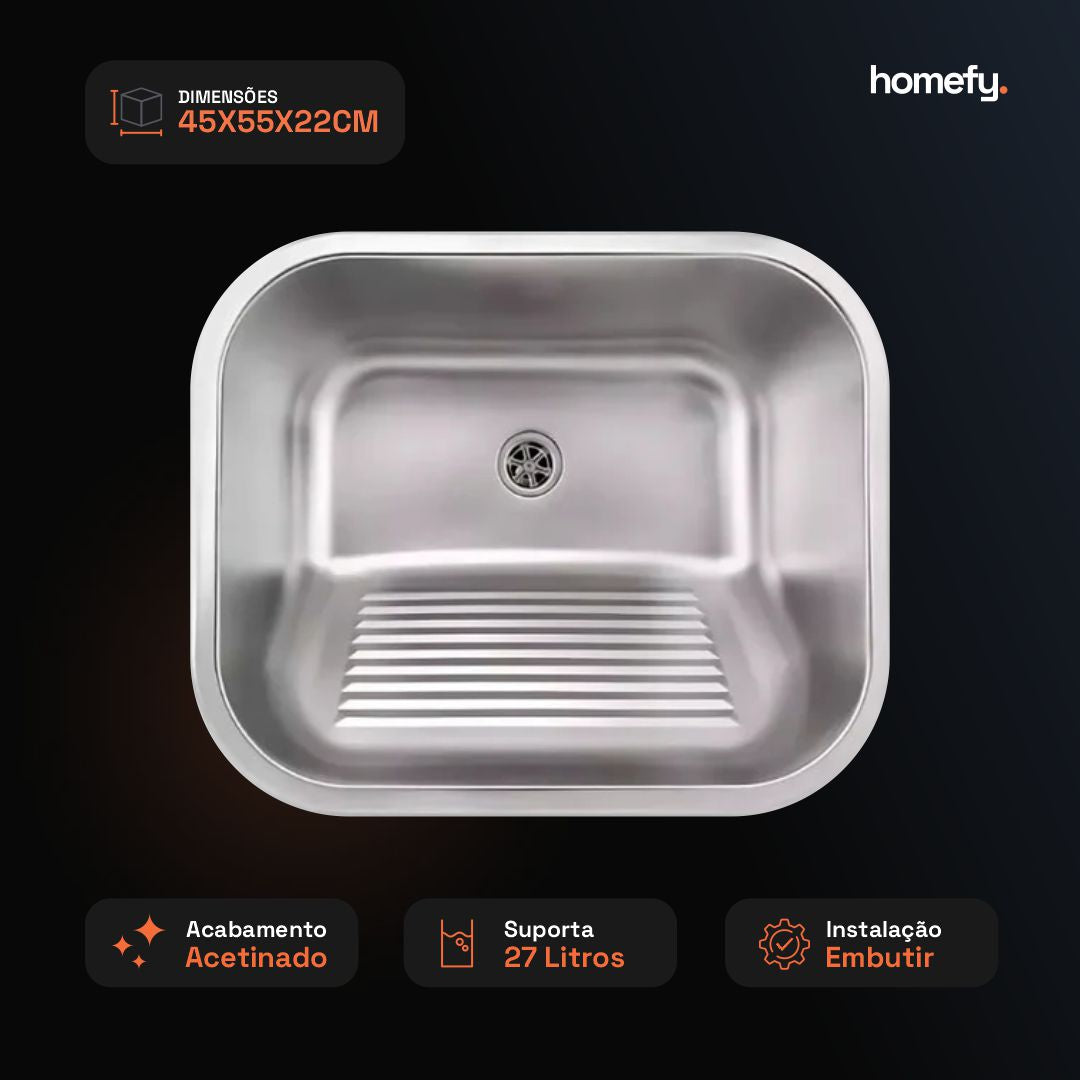 Tanque Lavanderia 55x45 Com Válvula Aço Inox 201 HOMEFY®